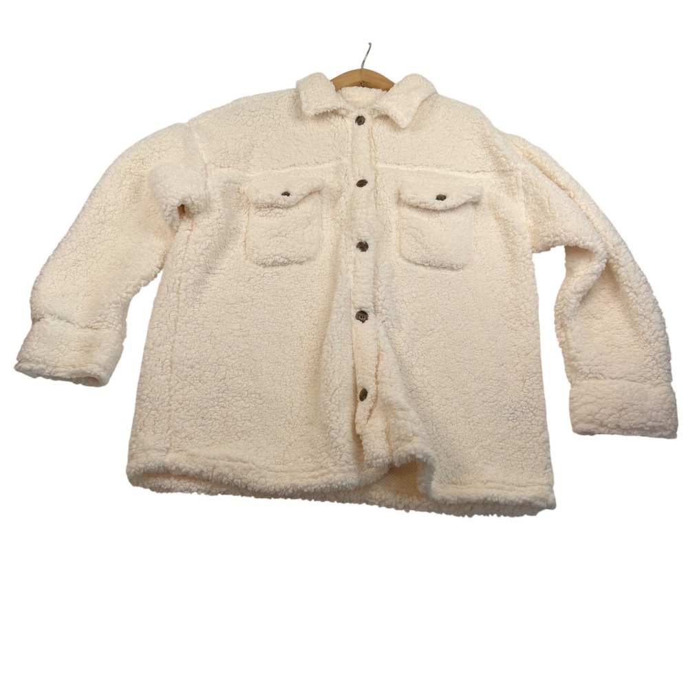 32 Degrees Heat Sherpa Fleece Shacket Cream White Button Front Jacket ML